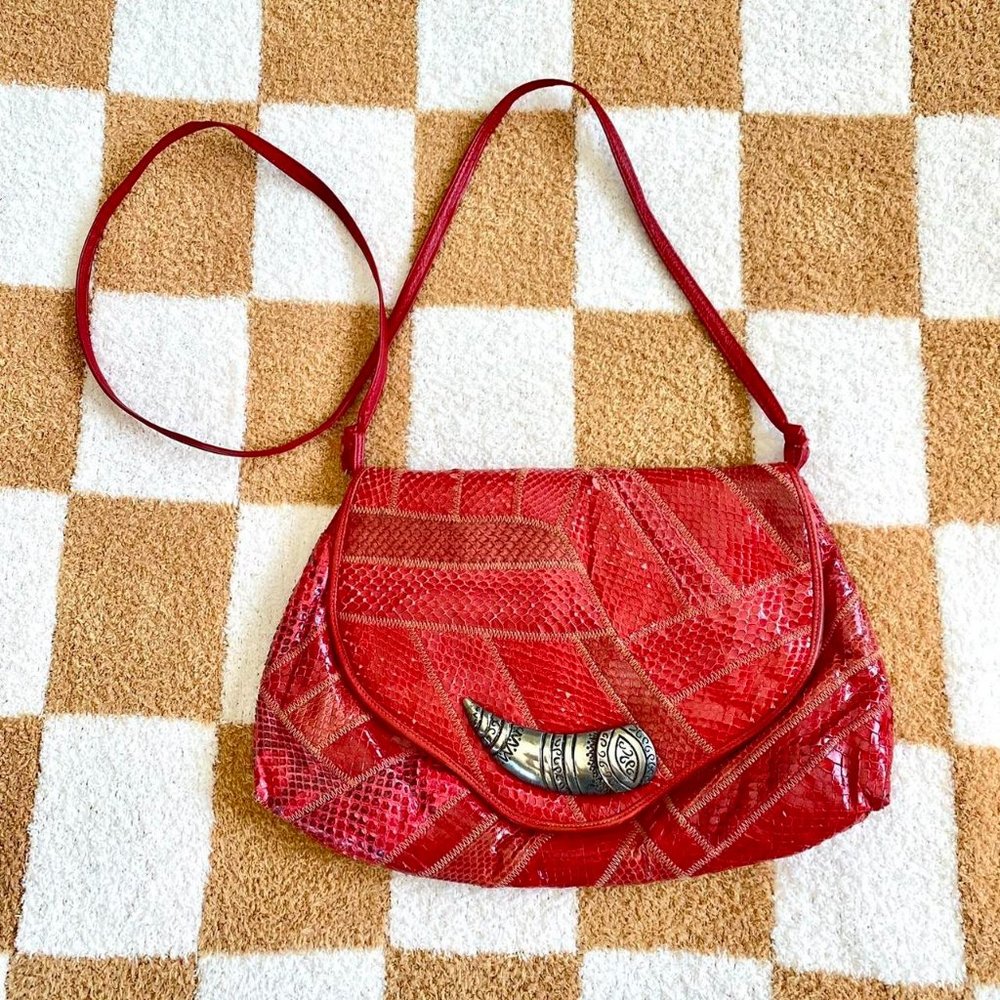 BOHEMIAN COUNTRY RED SNAKESKIN VINTAGE WESTERN SHOULDER CROSSBODY PURSE